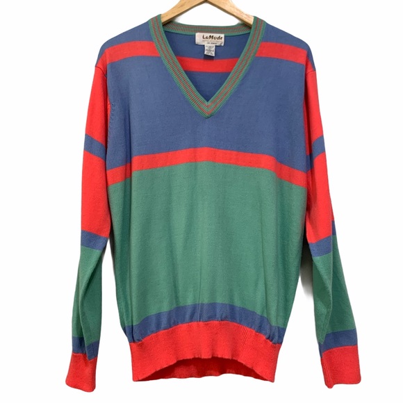 Lady LaMode Vintage Striped Multi V-Neck Sweater - Picture 1 of 10